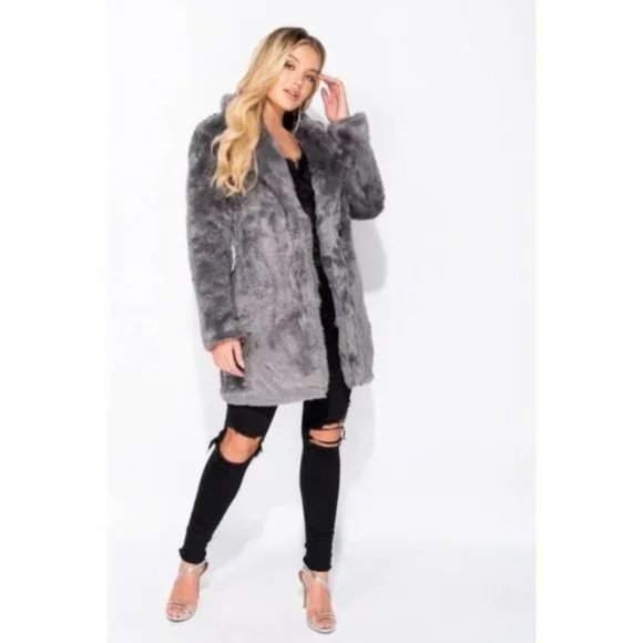 Gray Faux Fur Long Sleeve Collared Coat - Picture 9 of 16